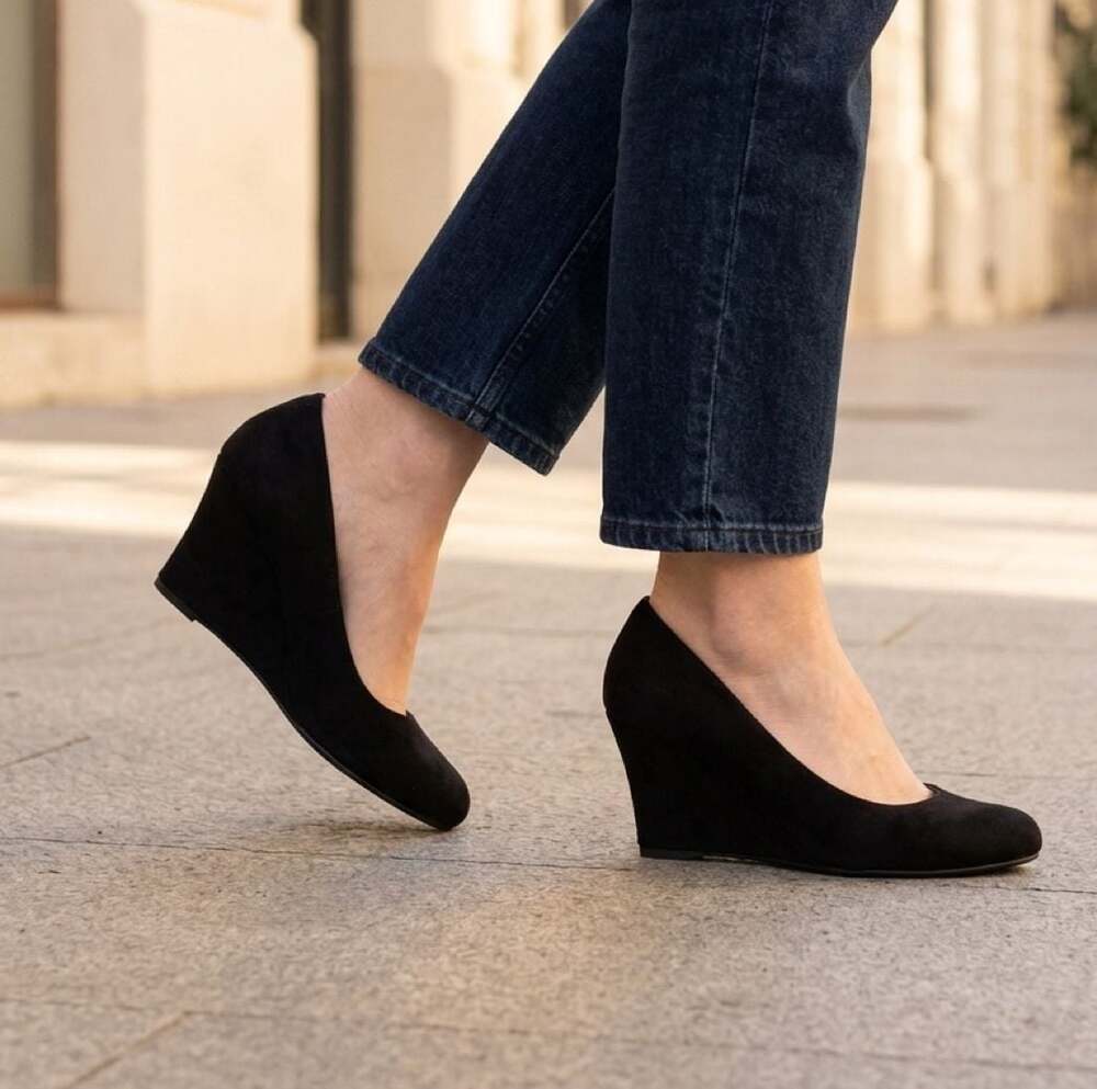 Dexter Women's Black Suede Round Toe Wedge Heels